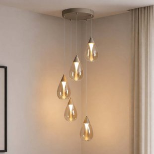 Searchlight LED hanglamp Pear, 5-lamps, rond, beige, amberkleurig glas, 3.000 K