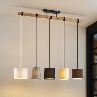 Lindby hanglamp Amilia, stof, 5-lamps, grijs/beige, E27 - Woonkamer - Modern - Hout - Meerdere lampen