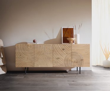 DELIFE Dressoir Ashara 200 cm eiken natuur 3D-effect 4 deuren ronde voet metaal zwart