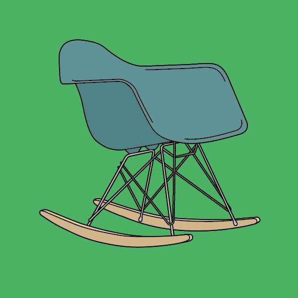 Deze schommelstoel (RAR shell rocker stoel) is ontworpen door Charles & Ray Eames (1948-1950).