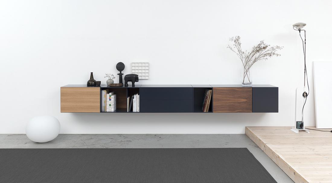 Pastoe Vision wandkast met eikenhouten kastdeuren in twee kleuren.