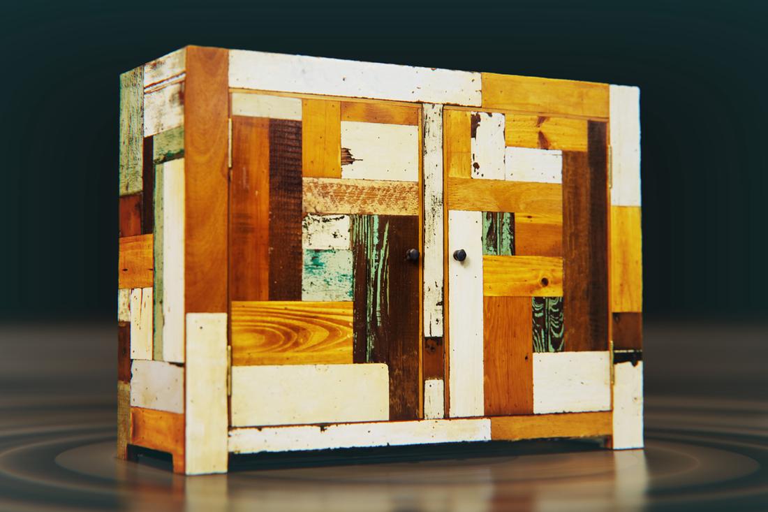 Patch work wood meubel, gemaakt van kleine stukken gerecycled sloophout.