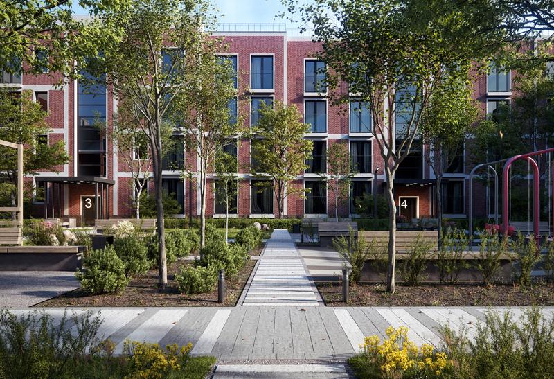 Bij een modern appartementencomplex zie je soms ook een grote patio waar kinderen kunnen spelen en mensen op bankjes kunnen zitten.