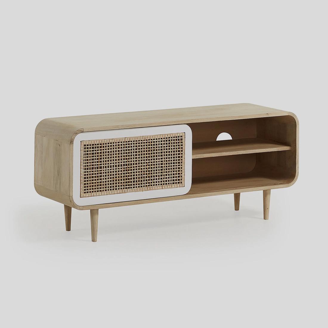 Bekijk de kast Dit is een kast van riet en massief mangohout. Het gevlochten riet geeft het kastdeurtje de retro-look.