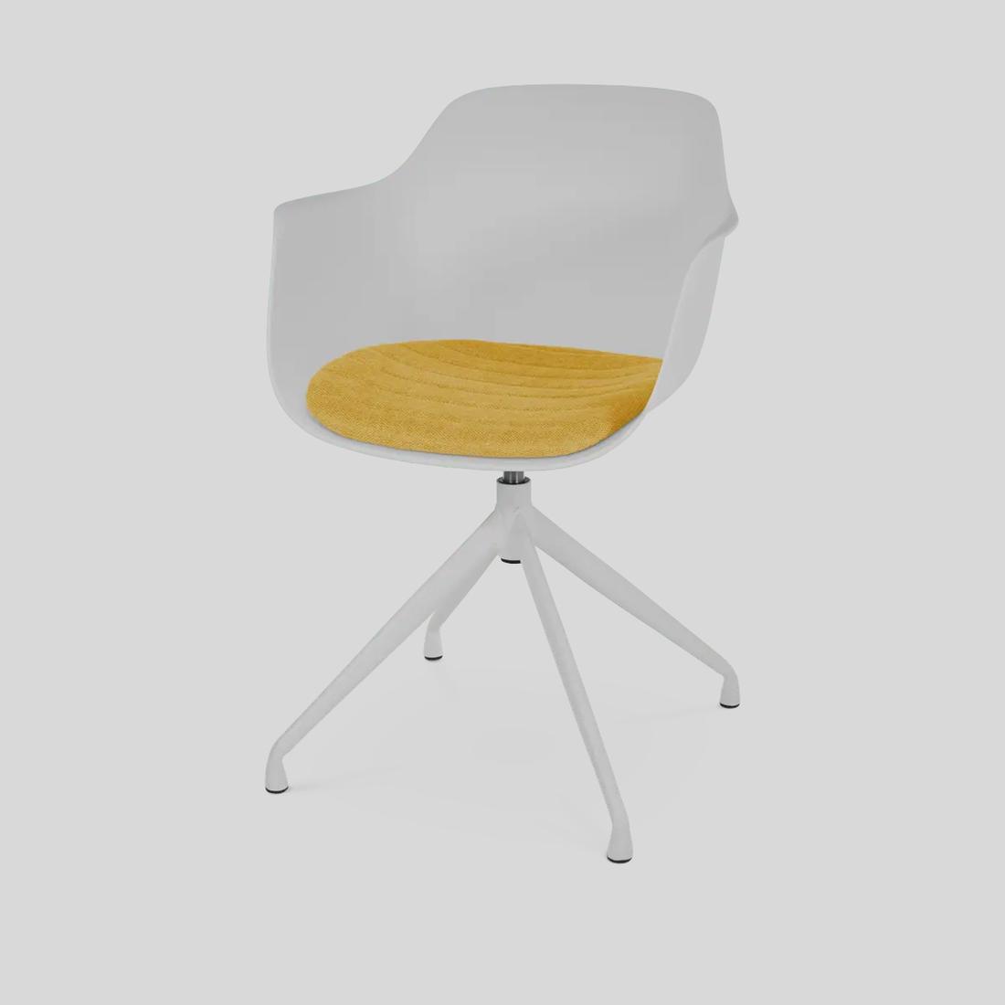Bekijk deze stoel Geef de witte stoelen meer sfeer en kleur met een vrolijk zitkussen in okergeel.